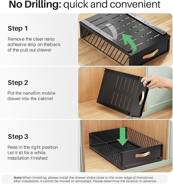 Pull out Cabinet Organizer,Heavy Duty Slide out Pantry Shelves Drawer Storage with Adhesive Nano Film,Sliding Mesh Cabinet Basket with Handle for Kitchen, Bathroom, Home, 13.8"W X 21"D X6.2"H,Black - Image 7