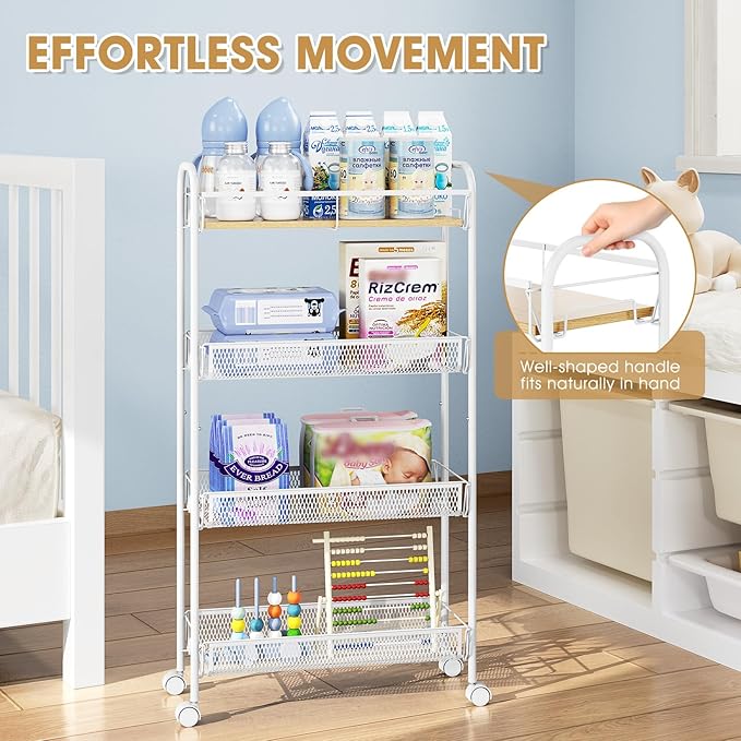 TOOLF 4-Tier Slim Rolling Cart, Metal Utility Cart, Slide Out Storage Cart with Wooden Tabletop and Mesh Baskets for Narrow Space on Kitchen Bathroom Laundry Room Bedroom Apartments Dormitory - Image 3