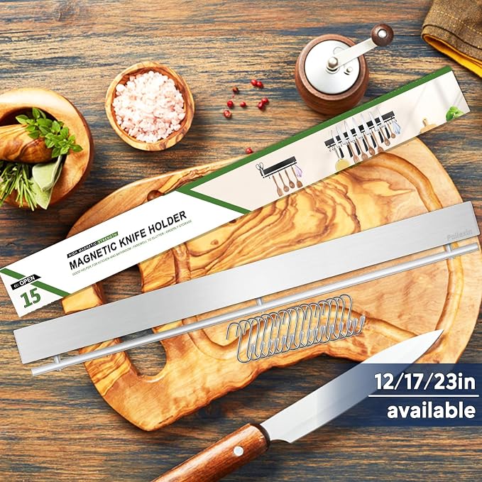 23 inch magnetic knife holder with 15 hooks, No Drilling knife magnetic strip and utensil hanger for wall, Powerful knife magnet rack include tape and screws - Image 2