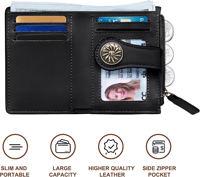 Tipmile Small Wallet Women Bifold RFID Blocking Card Holder Leather Wallets with Zipper Coin Pocket, Black & Red - Image 2