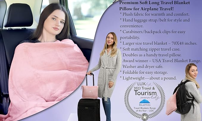 BlueHills Long Travel Blanket Pillows for Two Airplane Traveling Essentials Flight Throws in Bag case with Backpack Clip Compact Large Plane Accessories – Gray and Pink - Image 3