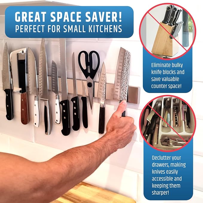 24" Strong Adhesive (No Drill) Magnetic Knife Holder for Wall - Professional Knife Strip - No Screws Needed - Adhesive Backing - Stainless Steel Knife Bar (Upgraded Version – Will Not Fall) - Image 7