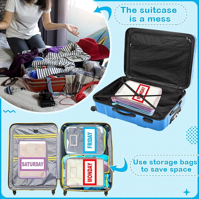 Honoson Packing Cubes for Travel Kids Days of Week Packing Cubes with Labels Clear Zippered Storage Bag for Kids Travel summer camp essentials - Image 6