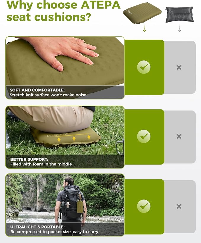 ATEPA Inflatable Seat Cushion | 2" & 2.5" Foam Core Seat Pad, Self Inflating, Compact, Stadium, Airplane, Travel, Camping, Hiking, Sports events - Image 5
