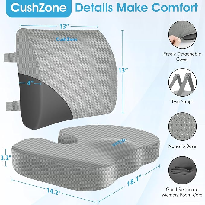 CushZone Seat Cushion and Lumbar Support Pillow for Office Chair Light Grey | Ergonomic Memory Foam for Sciatica Pain Relief & Posture Correction, Non-Slip Chair Cushions for Car, Wheelchair and Travel - Image 8