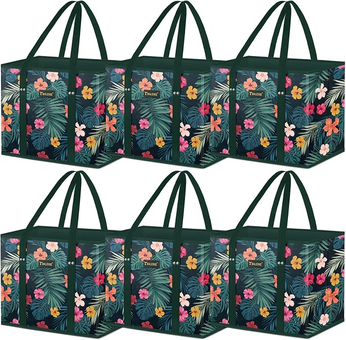 BALEINE 6PK Reusable Grocery Bags, Heavy Duty Shopping Tote Bag | 12'' Long Handles, Reinforced Bottom Keeps Upright, Fold Flat Storage, Water-Resistant Shopping Bag, Multiple Color Options by BALEINE