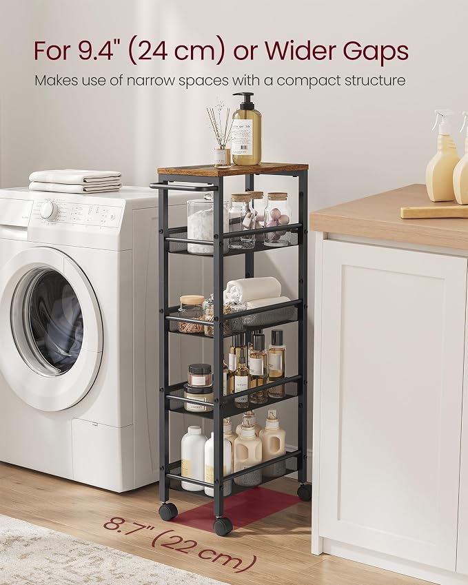 VASAGLE Slim Rolling Cart, 5-Tier, 8.7 Inches Deep, Steel Frame | Storage Cart with Handle, Narrow for Kitchen, Living Room, Rustic Brown and Matte Black, DACEY Collection ULRC035B01 - Image 3