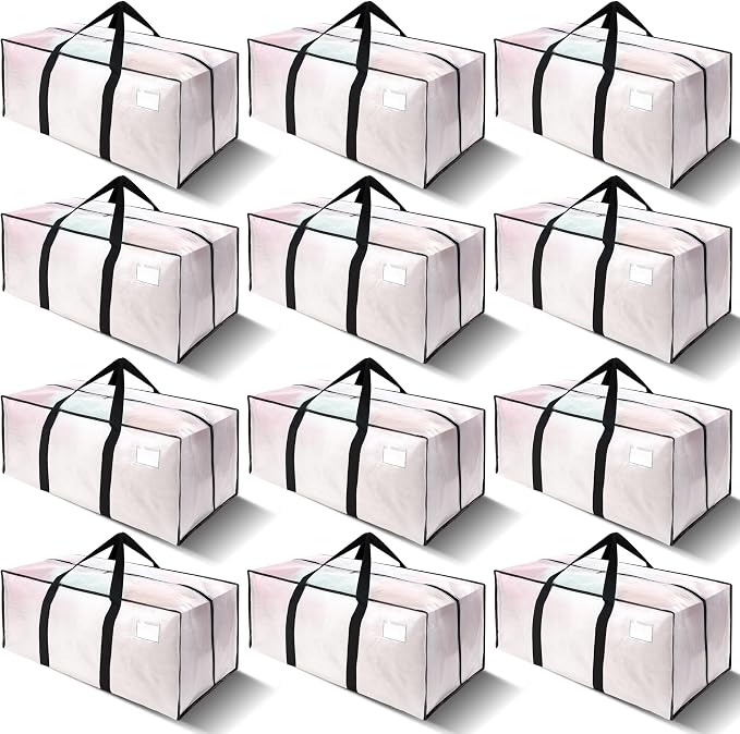 VELVETSURE 12 Pack Heavy Duty Large Moving Bags W/Backpack Straps - Strong Handles & Zippers, Storage Totes For Space Saving, Fold Flat, Alternative to Moving Box and Storage Bin, Semi-Transparent by VELVETSURE