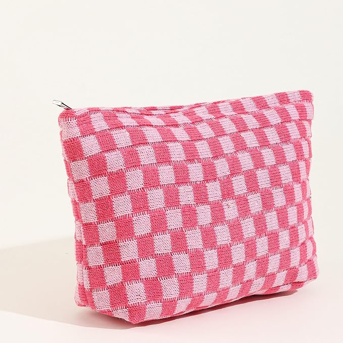Cosmetic Bags for Women - Corduroy Cosmetic Bag Aesthetic Women Handbags Purses Smile Dots Makeup Organizer Storage Makeup Bag Girls Case Bags (Q-Checkered pink) - Image 2