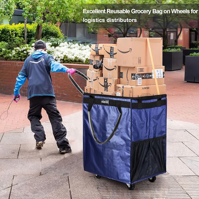 (Medium, Navy) Reusable Grocery Bag on Wheels, 70L Foldable Rolling Tote, Extra Storage for Shopping, Zipper Clouser Shopping Carts for Groceries, Laundry, Organization, Moving,4 Heavy Duty Wheels | Bag on Wheels - Image 5