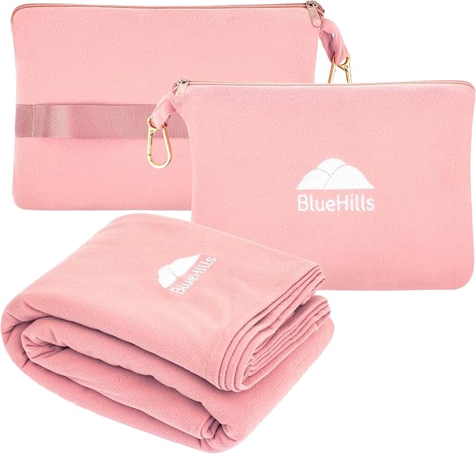 BlueHills Premium Soft Lightweight Travel Blanket Airplane Throw - Pink | Luggage Strap & Carabiner Included, Compact & Lightweight, Long Flight Comfort, Travel Must Haves, Packable Plane Accessory by BlueHills