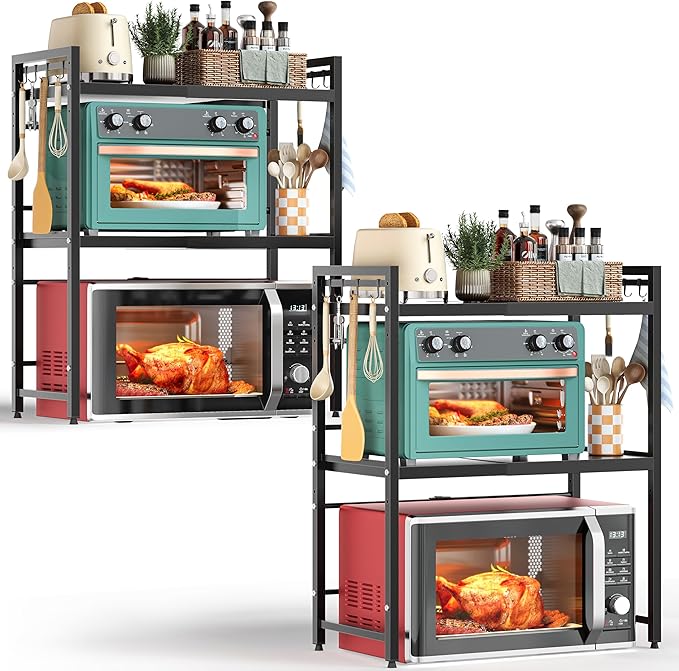 3 Tier Expandable Microwave Stand countertop,Microwave Oven Rack,2Pcs | microwave shelf, storage shelves for pans &appliances,Adjustable partition height，55 Lbs load Per Tier,Black by NETELOfficial