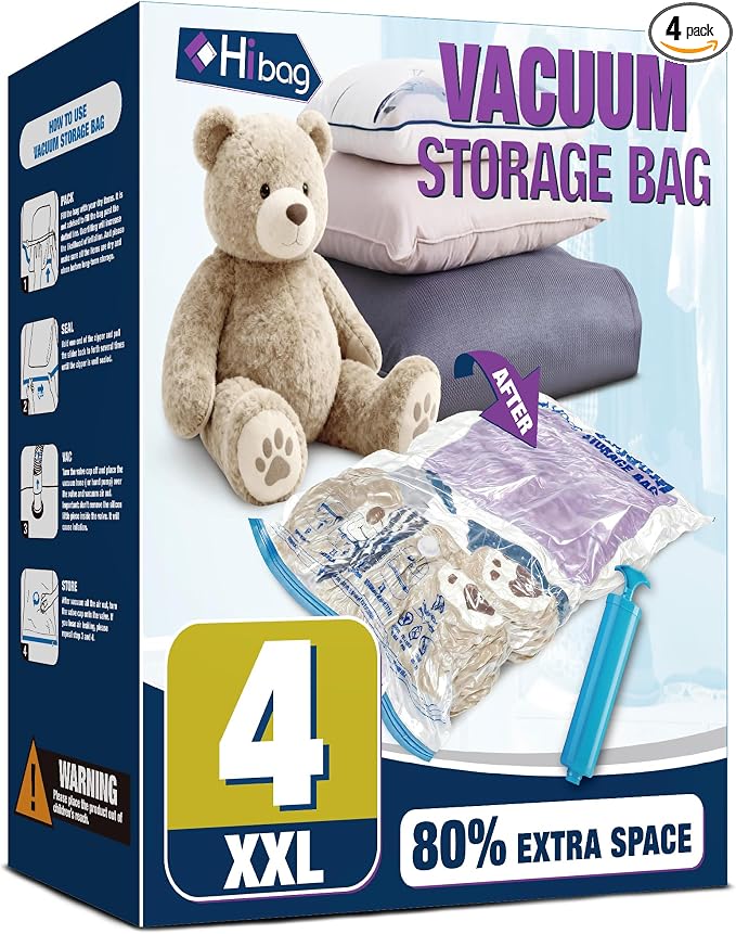 XXL Jumbo Vacuum Seal Storage Bags Extra Large for Clothing Bedding | 47''X35'', Airtight Triple Seal, Save 80% Space, Hand Pump, Work with Vacuum, Double Zip, Reusable, Easy to Use, 4 pack by HIBAG