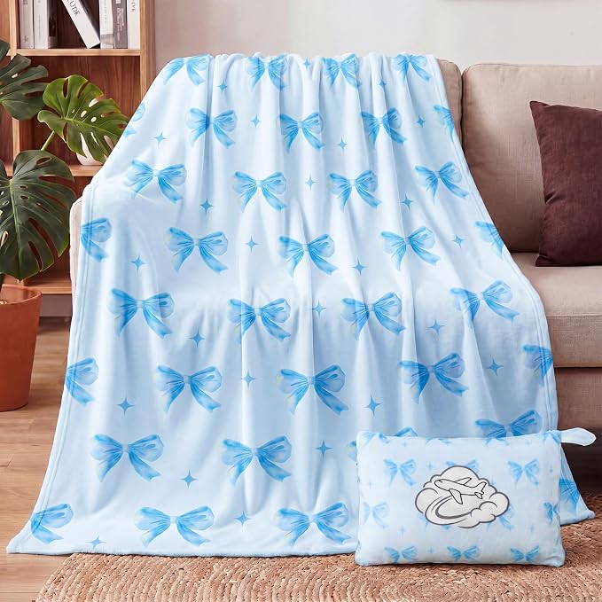 Pink Blue Bow Travel Blanket Airplane and Pillow Compact 2 in 1 Soft Fleece Travel Blanket and Pillow Set with Luggage Sleeve Backpack Clip Compact Airplane Essentials Gifts, 40"x60"(Blue) by Unknown