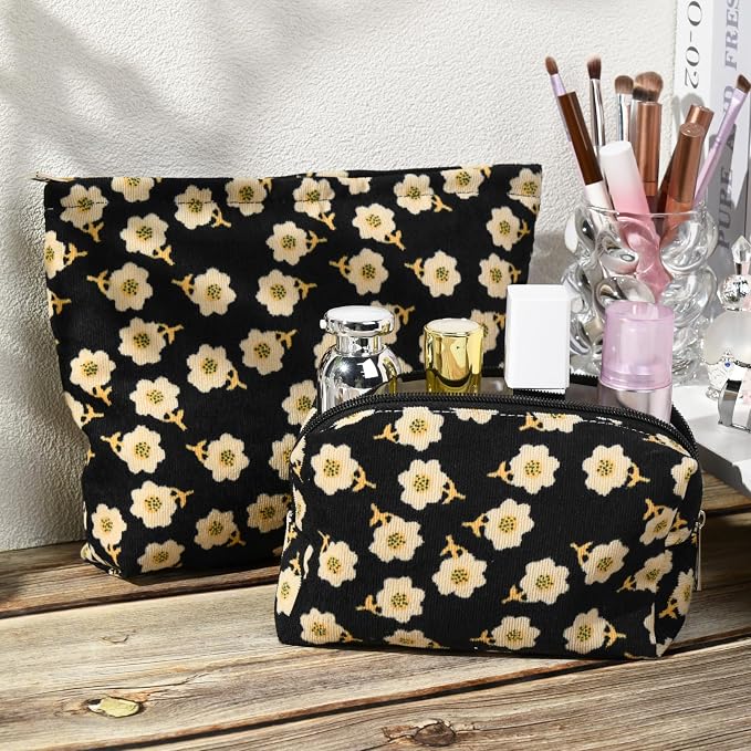 SOIDRAM 2 Pieces Flower Makeup Bag Large Cosmetic Bag Capacity Canvas Mix Travel Toiletry Bag Organizer Cute Makeup Brushes Aesthetic Accessories Storage Bag for Women, Flower Mix Black - Image 6