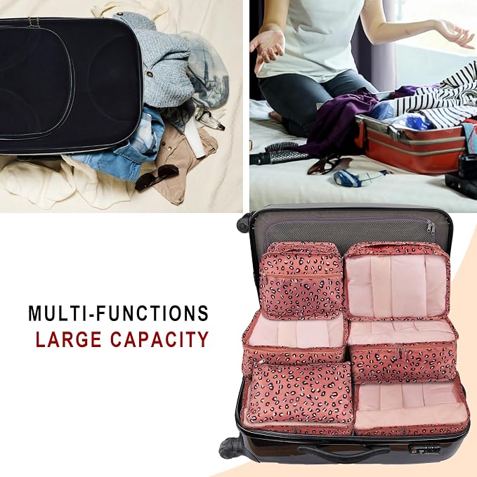 Vercord 7 Set Travel Packing Organizers Cubes Luggage Suitcase Organizer Bags Clothes Underwear Cube Shoe Pouch Pack Pink Leopard - Image 6
