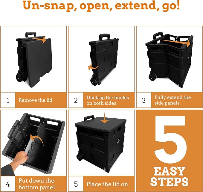 Inspired Living Collapsible Ultra-Slim Pack-N-Roll,2 Wheel Utility Cart w/Lid used as Seat up to 250 Lbs, Telescopic Handle - Super Strong, for Home, Garden, Shopping, Office, School use, Large, Black - Image 6