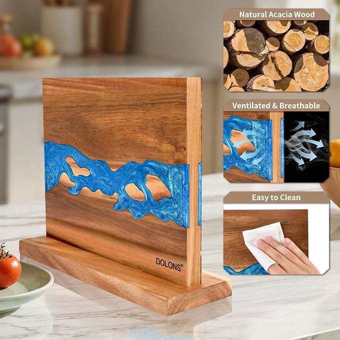 Magnetic Knife Block,Acacia Wood And Resin Kitchen Magnetic Knife Holder，Equipped with strong magnets,Multifunctional Double Side Knife Storage Organizer for Kitchen Counter ，Gifts for new home - Image 5