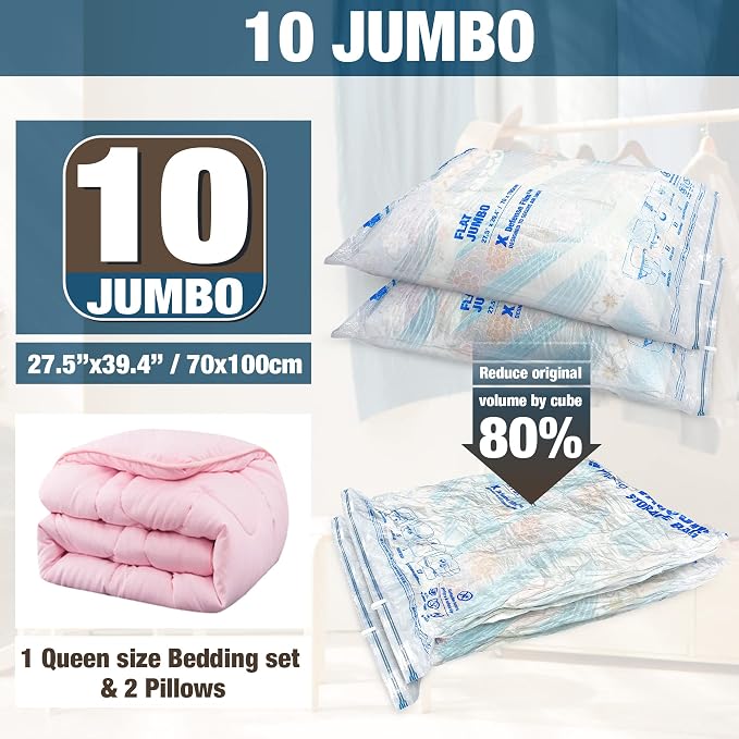 10 Jumbo Vacuum Storage Bags for Bedding, Vacuum Seal Bags for Clothing | Extra Large XL, Airtight Triple Seal, Save 80% Space, Hand Pump, Work with Vacuum, Double Zip, Reusable, Easy to Use - Image 2