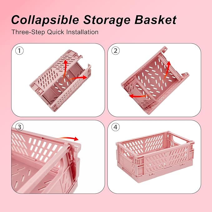 6 Pack Mini Foldable Small Plastic Baskets for Organizing and Storage，Collapsible Storage Crates,Mini Bins for Home Kitchen Bedroom Bathroom Office (Pink, Small 6x4x2.2) - Image 4