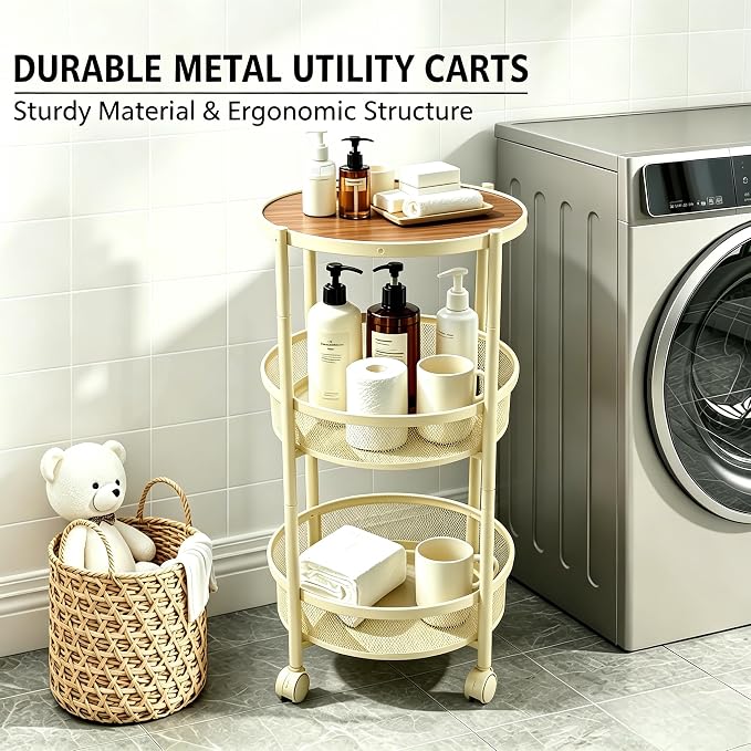3-Tier Foldable Rolling Cart, Collapsible Metal Utility Cart with Wheels, Assembly-Free, Round Storage Organizer Trolley for Kitchen, Bathroom, Dorm, Nursery-Light Yellow - Image 6