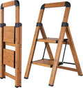 Step Ladder 2-Step Woodgrain Finish Aluminum Folding Ladders | Anti-slip Sturdy Foldable Ladder Step Stool for Kitchen Home Office Libaray by BIBKOKE
