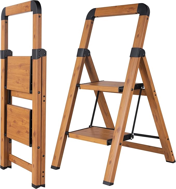 Step Ladder 2-Step Woodgrain Finish Aluminum Folding Ladders | Anti-slip Sturdy Foldable Ladder Step Stool for Kitchen Home Office Libaray by BIBKOKE
