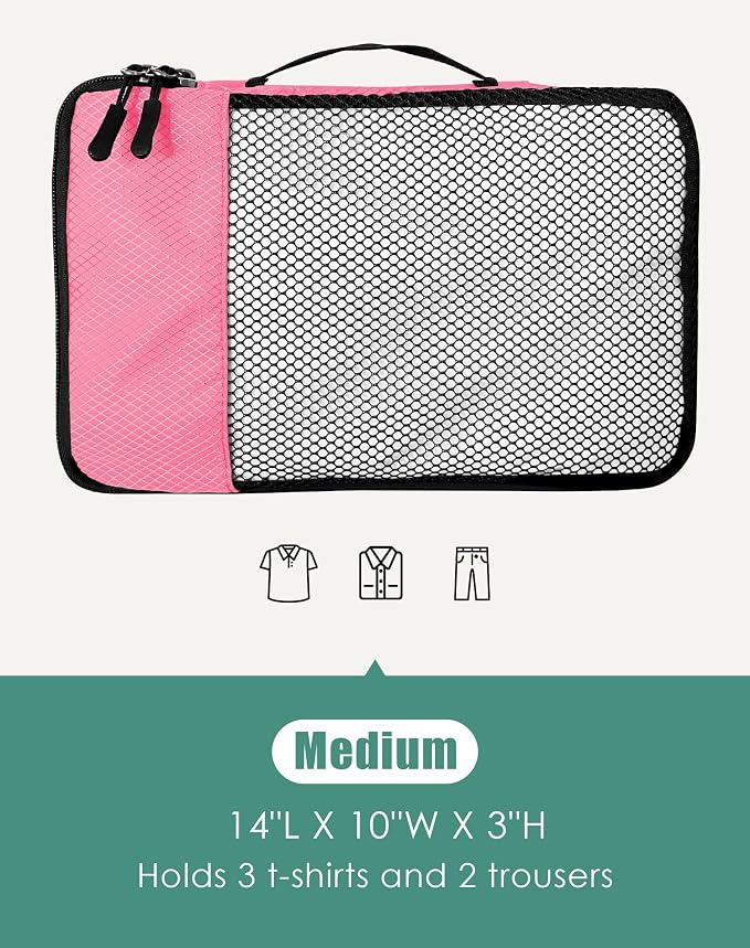 WTREE 4-Piece Packing Cubes Travel Accessories Set for Suitcases - Luggage Organizer Bags with Double Zipper - Mesh Top - Medium - Pink - Image 5
