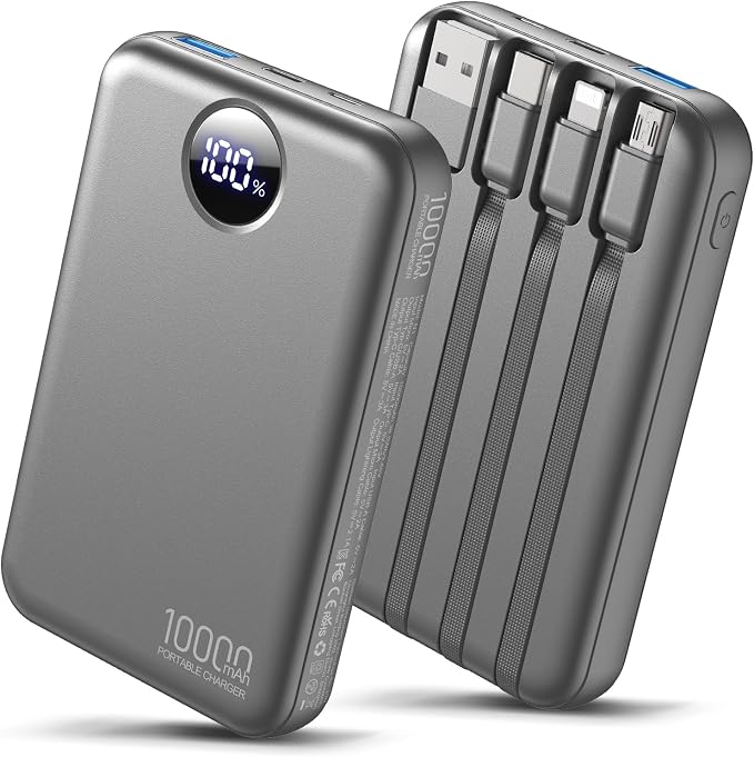 Portable Charger 10000mAh with 4 Built-in Cables 40% Smaller | Power Bank Fast Charging Battery Pack,LED Display Compact with Travel Charger for iPhone Other Devices-Grey by Zmmyuluo