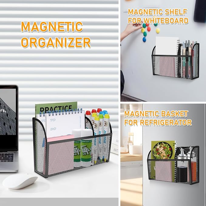 Magnetic Pencil Holder-Magnetic Basket for Fridge 3-Grid Mesh Magnetic Pen Holder for Refrigerator, Extra Strong Magnets Mesh Marker Holder Locker Accessories Organizer for Whiteboard - Image 6