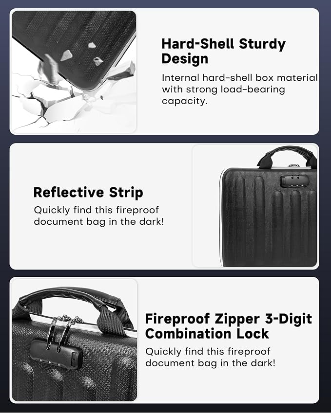 DOZAWA Fireproof Document Box, Waterproof Hard File Organizer with Lock | UL-94 VTM-0 certified 8-layer document box withstands up to 5200°F, featuring waterproof zippers for total file safety, Black - Image 7