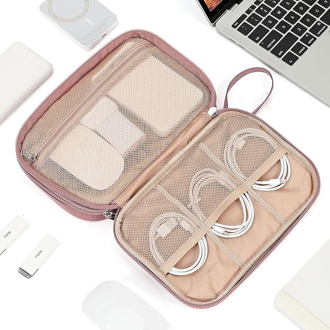 NISHEL Electronics Travel Organizer Cord Case, Charger Cable Tech Bag | Double-layer bag keeps chargers, cables, flash drive, and small tech essentials organized for trip, Large, Rose-wood - Image 7