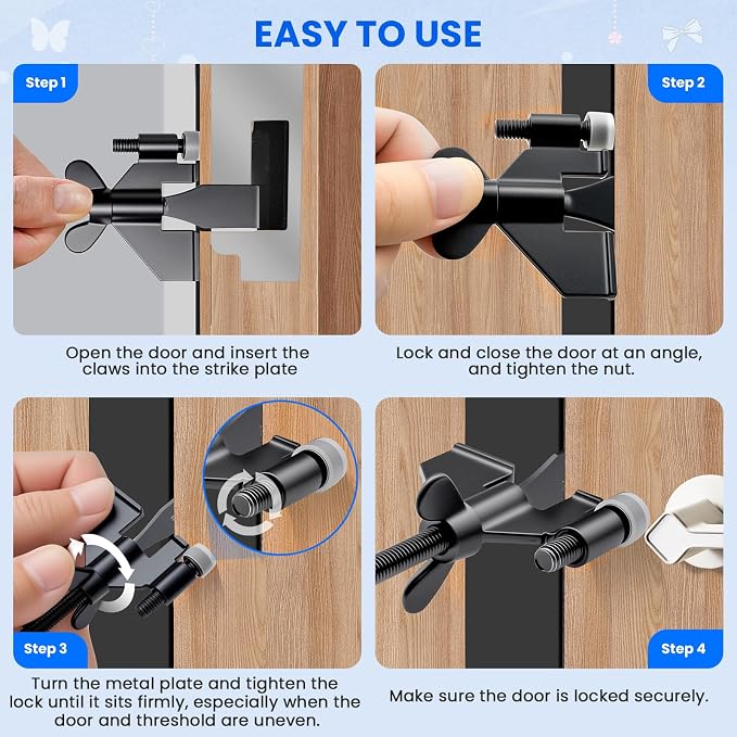 2 Pack Portable Door Lock, Hotel Travel Door Lock Security for Home, Black | Hotel Safety Device for Door Security, Portable Lock for Hotel Room, Apartment, College Dorm and Travel - Image 6