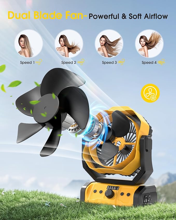 Portable Rechargeable Camping Fan 20000mAh Cordless Battery Powered Fans | Yellow - Image 3