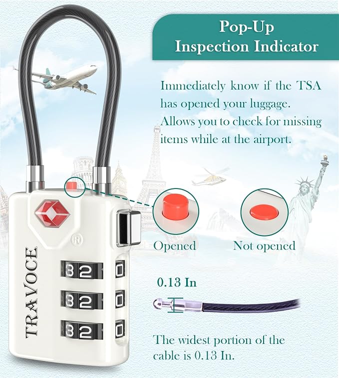 TSA Approved Luggage Locks, Combination Cable Locks, 2 Pack, White | Search Alert shows TSA key access; resettable 3-digit code and flexible braided steel cable for suitcases and backpacks. - Image 4