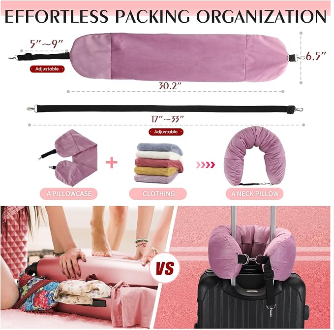 Stuffable Neck Pillow for Travel, Packable Neck Pillow (Pink) | Velvet cover, Stuff with clothes to save luggage space, No extra baggage fees, Fits 5+ days travel essentials, Zipper closure - Image 5