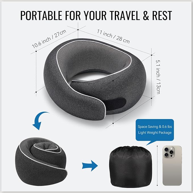 Travel Pillow, Memory Foam Neck Pillow with Ergonomic 360° Support, Travel Neck Pillow for Airplanes, Compact Design for Plane, Car & Office Travel Essentials, Max Black - Image 3