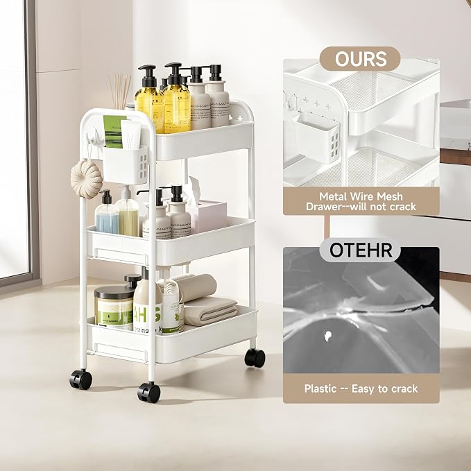Heavy-Duty Rolling Cart 3 Tier Metal Utility Storage Cart | with Casters, Hooks & Hanging Cups, Rolling Storage Organizer for Kitchen Office Craft Snack Book - Image 7