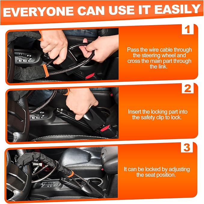 KAYCENTOP Car Steering Wheel Lock, Seat Belt Lock, Anti-Theft Device, Max 17 Inch Length, Small and Light-Weight, Multi-Functional, Fit Most Vehicle, SUV, Golf Cart Security (Black) - Image 3