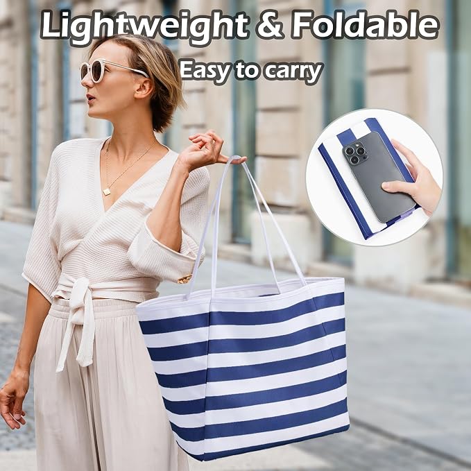 KALIDI Beach Tote Bag Women Large Waterproof Sandproof Shoulder Handbags | Foldable Grocery Bag Striped Pool Bag Lightweight Travel Purse for Picnic Travel Vacation Casual Errands Everyday Daily - Image 5