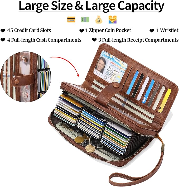 GAEKEAO Leather Credit Card Holder Wallet for Women RFID Blocking Large Capacity Bifold Zipper Card Case Organizer with Wristlet 45 Slots - Image 2