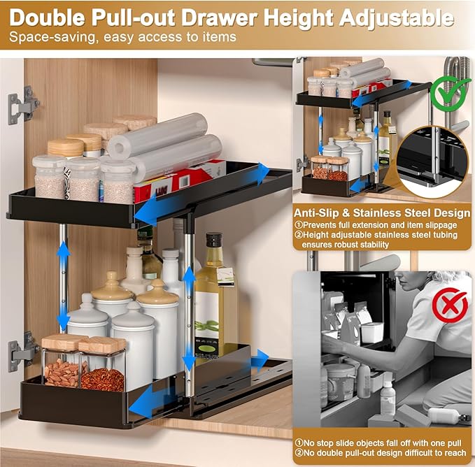 NIUXX Expandable Under Sink Organizer: 2 Tier Height Adjustable | Under Cabinet Organizer - Double Pull Out Shelf Under Sink Storage for Kitchen - Bathroom and Laundry Room - Space Saving - Image 6