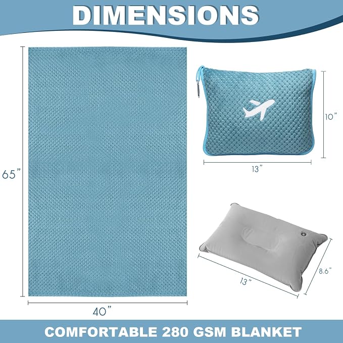 Travel Blanket Airplane Compact with Bag, Travel Essentials 3 in 1 Packable Airplane Blanket, Travel Pillow and Blanket Set, Inflatable Pillow, Luggage Sleeve & Backpack Clip (Slate Blue) - Image 7