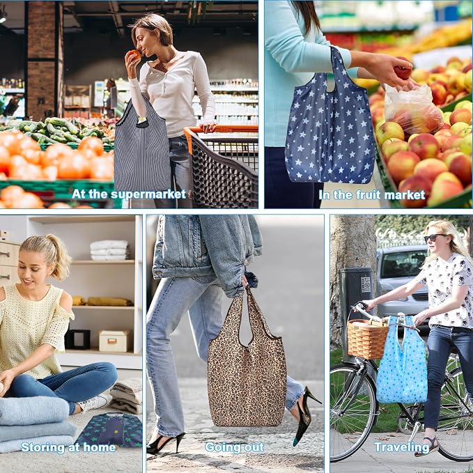 DXMWWTP 6 Pcs Foldable Reusable Shopping Bags,Tote Bags, Grocery Bags with Hook, Eco-friendly Travel Recycle Shopping Bags in Pocket, Waterproof and Machine Washable for Daily Shopping Supplies - Image 7