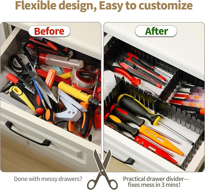 Adjustable Drawer Dividers, Cut-to-Fit DIY Organizers, Black, 8 Pack | For Tidying Cutlery, Makeup, Clothes and Dresses in Drawers, Desks and Storage Boxes for Kitchen, Bathroom, Bedroom & Office - Image 3