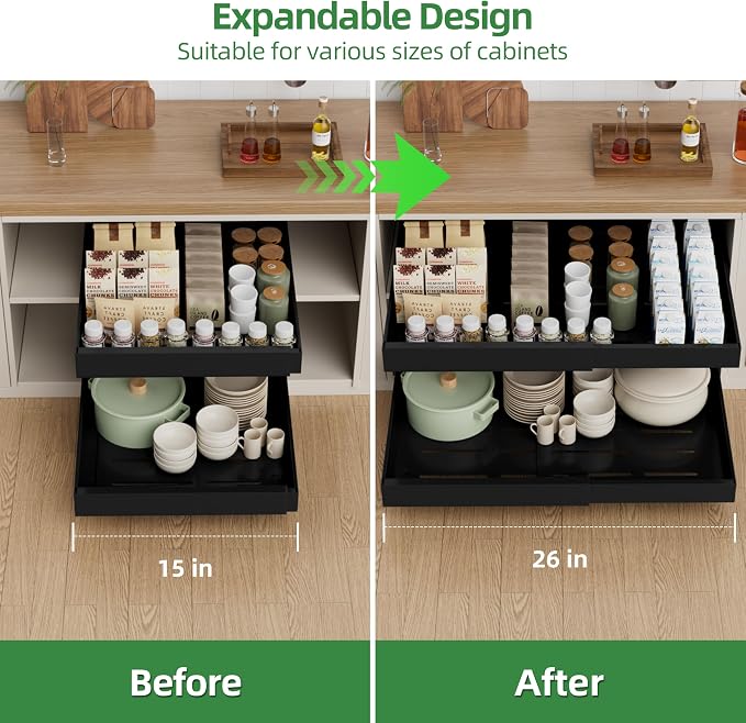 PAKETA 4 Pack Expandable Pull Out Cabinet Organizer,21" Deep | Pull Out Drawers for Cabinets with width from 15" to 26",Sliding Drawers for Cabinets with Upgrade 3 Slide Rails,hold 65 lbs - Image 4