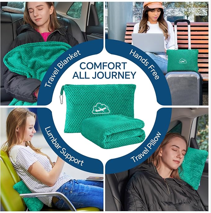 BEDELITE Travel Blanket with Bag, Jacquard Fleece Blanket 65"x40", Teal | Ultra-soft Airplane Blanket, Luggage Sleeve & Backpack Clip, Travel Essentials for Women, Foldable as Pillow for Long Flight - Image 4