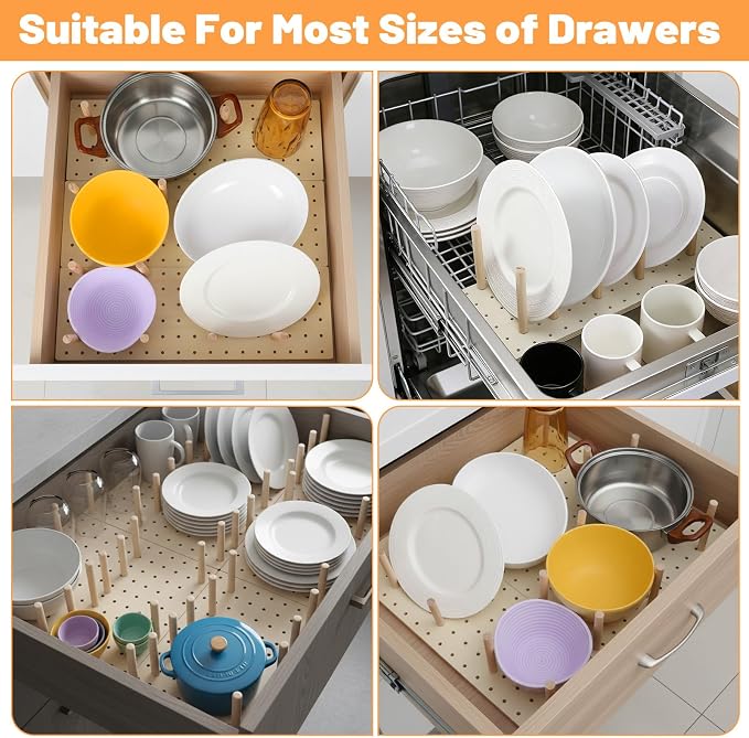 3-Pack Wood Pegboard Drawer Organizer with 24 Adjustable Pegs – Customizable Kitchen Drawer Plate & Utensil Organizer, Natural Wood - Image 7