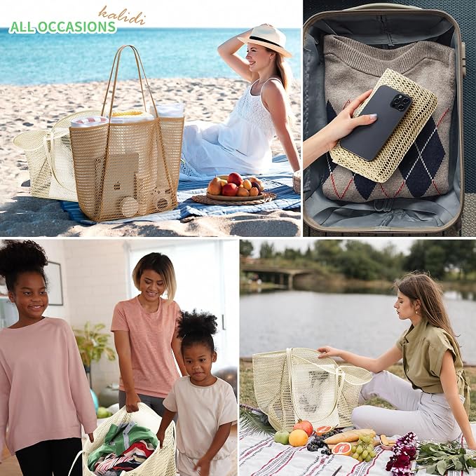 KALIDI Beach Mesh Tote Bag, Casual MAX 23L Summer Foldable Hobo Bag Women | Sandproof Widen Strap Large Shoulder Bag For Lake Pool Vacation Travel Picnic Grocery Market Shopping Carrier - Image 7