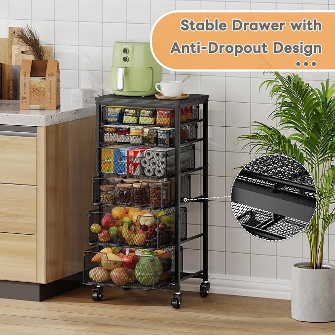 6-Tier Kitchen Storage Cart -Fruit Vegetable Storage Cart with Drawers, Wooden Top Metal Wire Kitchen Organizer and Storage Cart with Wheels to Storage Onions Potatoes Cans Snacks for Kitchen - Image 3